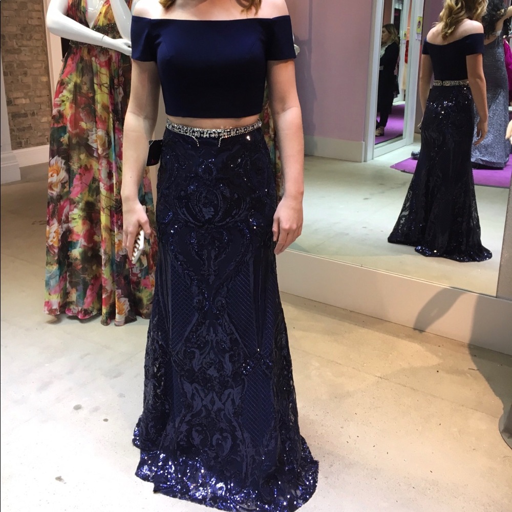 Navy blue; off the shoulder; prom dress